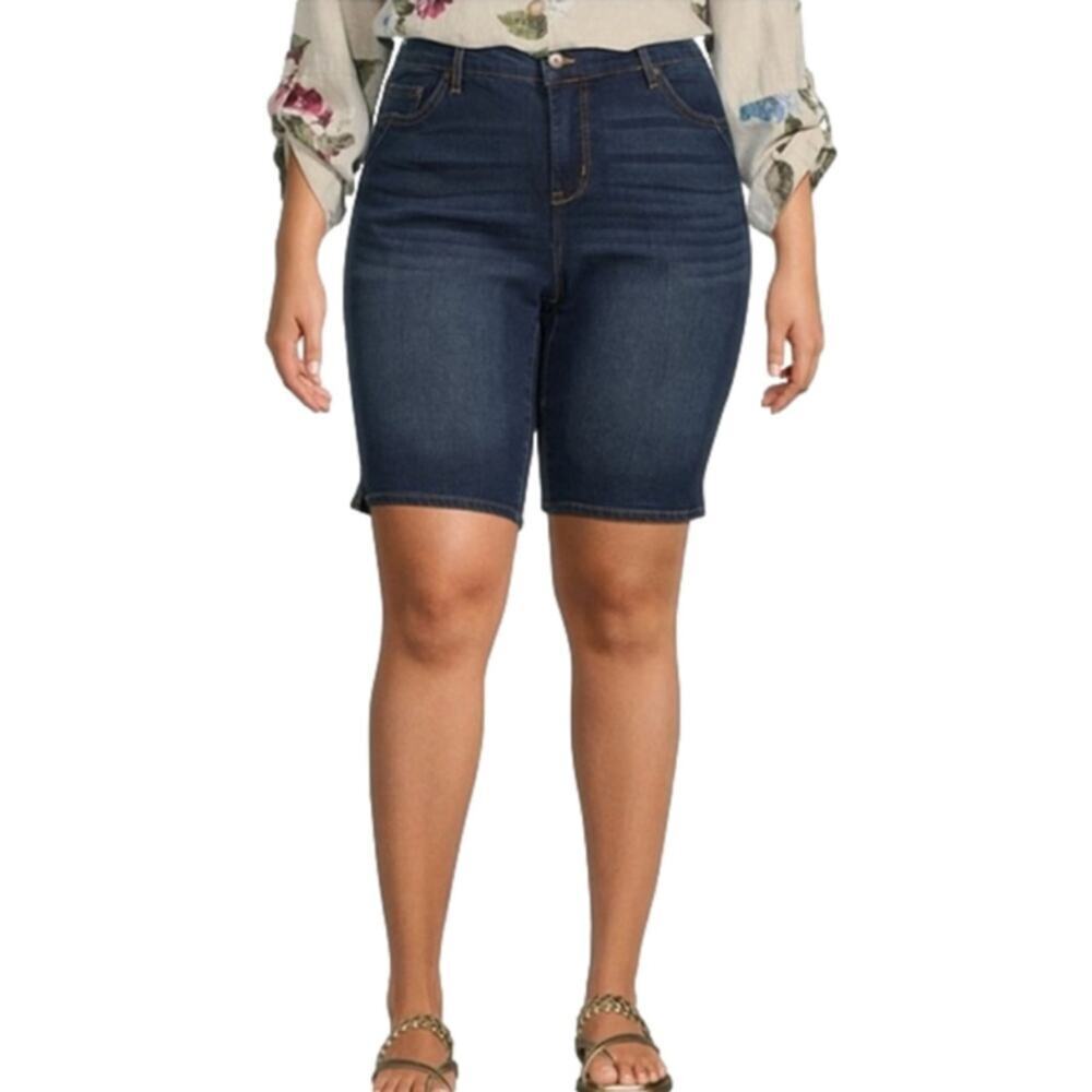 Chelsea Plus Size High Rise Side Slit‎ Stretch Denim Cotton Blend Bermuda Shorts